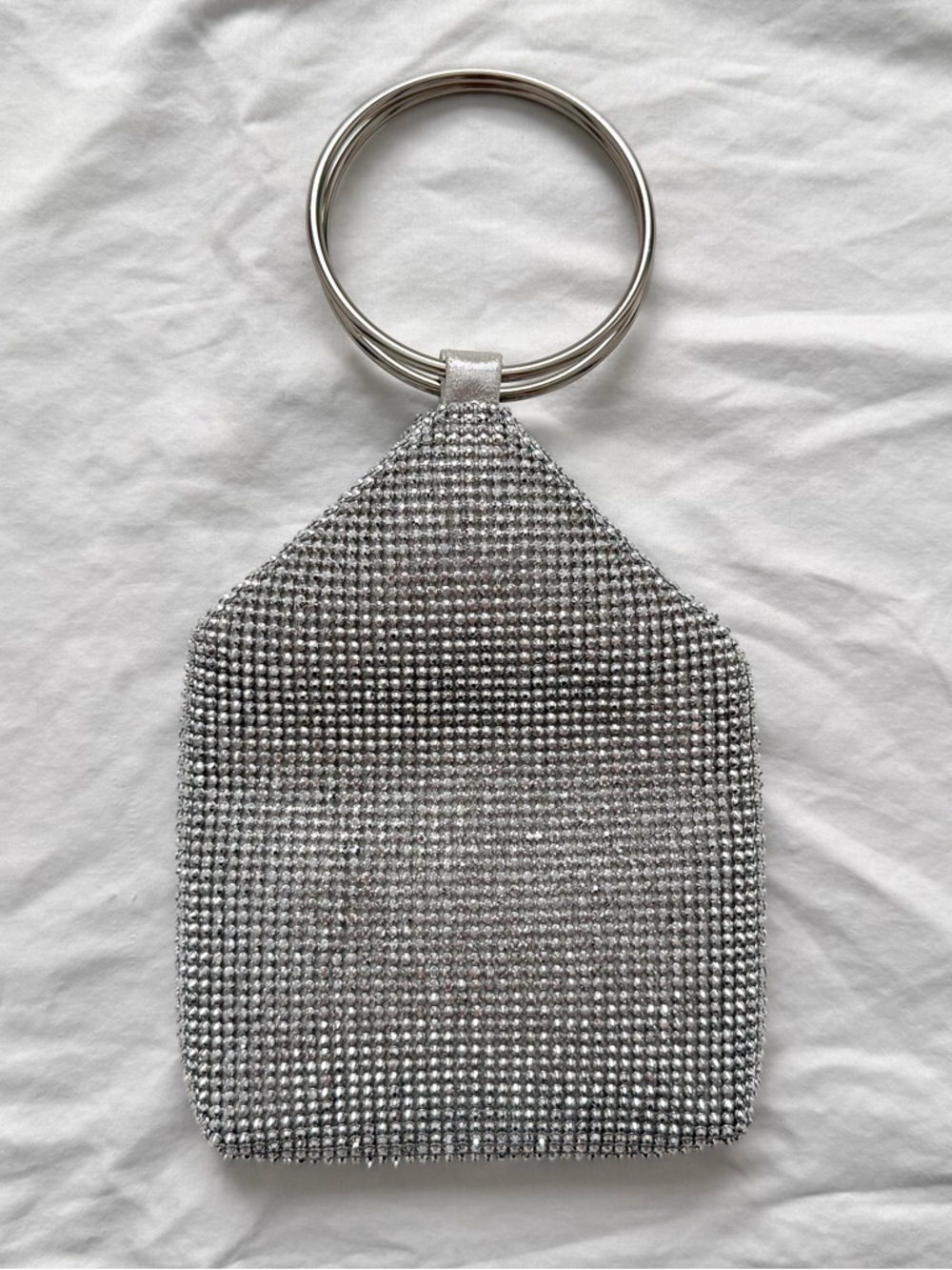 Silver Rhinestone Circle Handle Soft Handbag | Fits iPhone 17 Pro Max